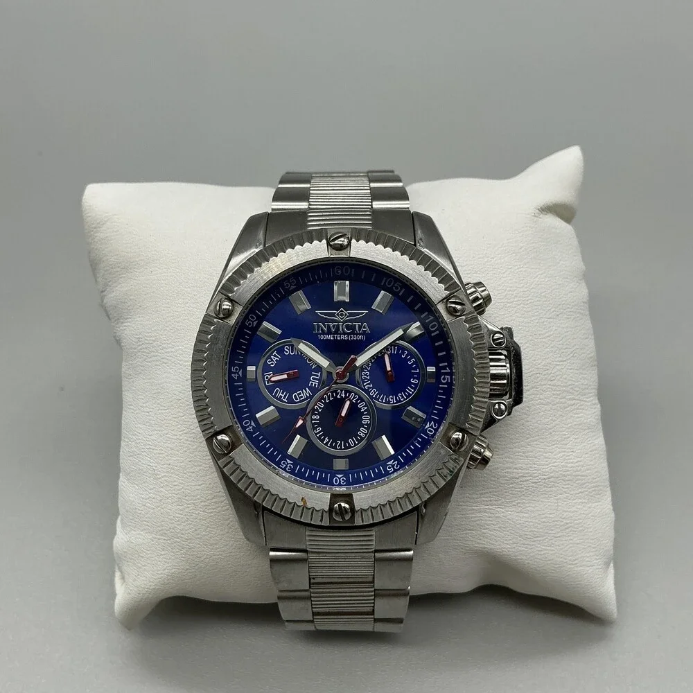 Invicta 5716 Mens Watch 44mm Blue Dial Stainless Steel 100M New Battery 8.25